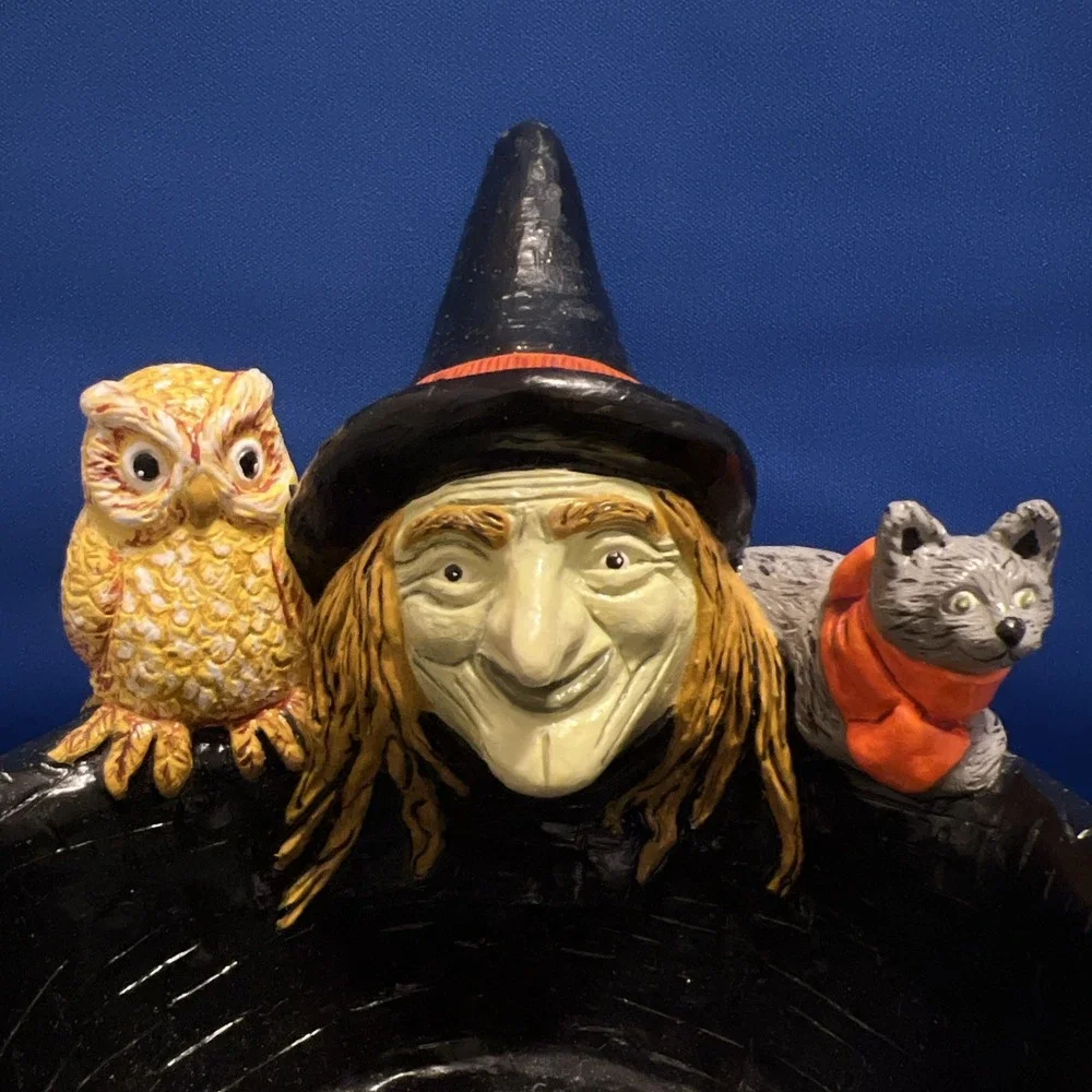 Vtg '85Accents Unltd Halloween Trick Or Treat Witch Owl Cat Chalkware Candy Bowl